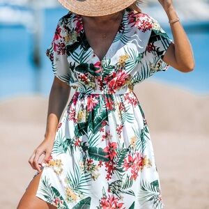 Tropical Floral V-Neck Swim Coverup
